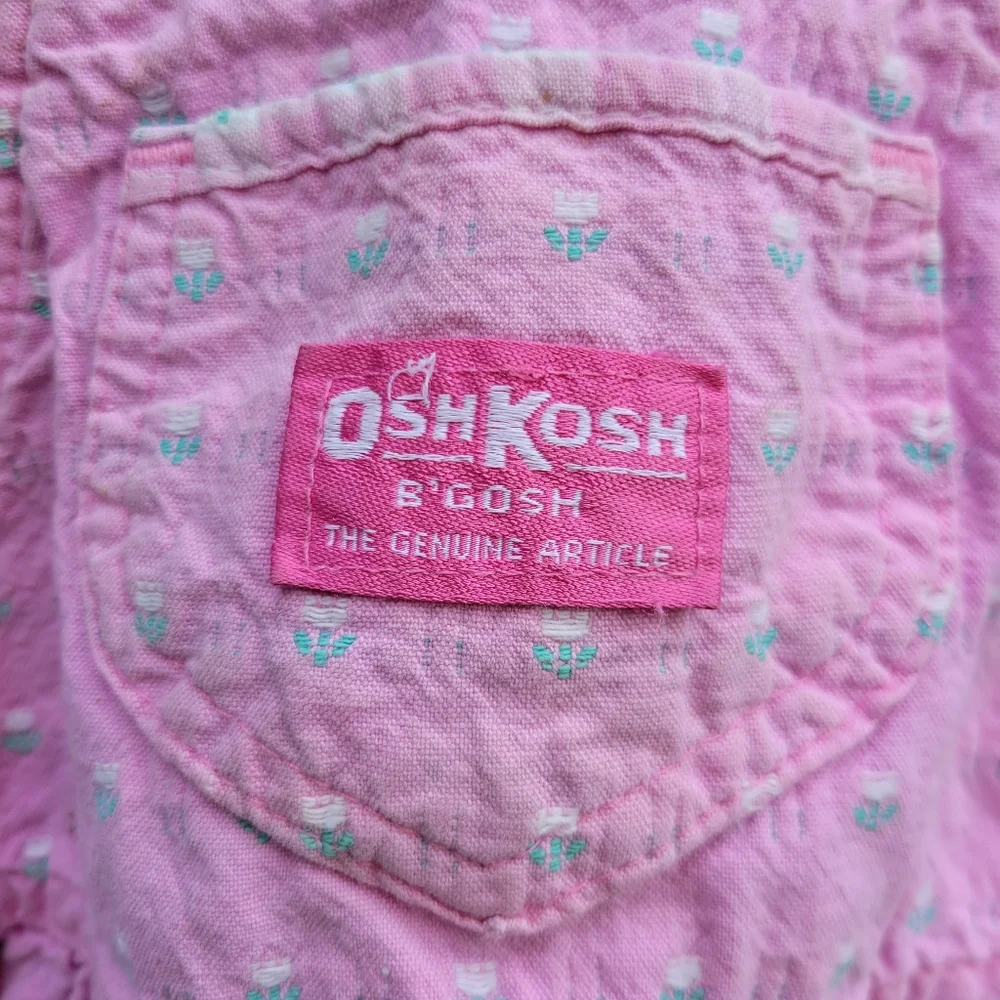 Vintage 90s Osh Kosh B'Gosh White Pink Cotton Check Floral Overalls Shirt Set 4T